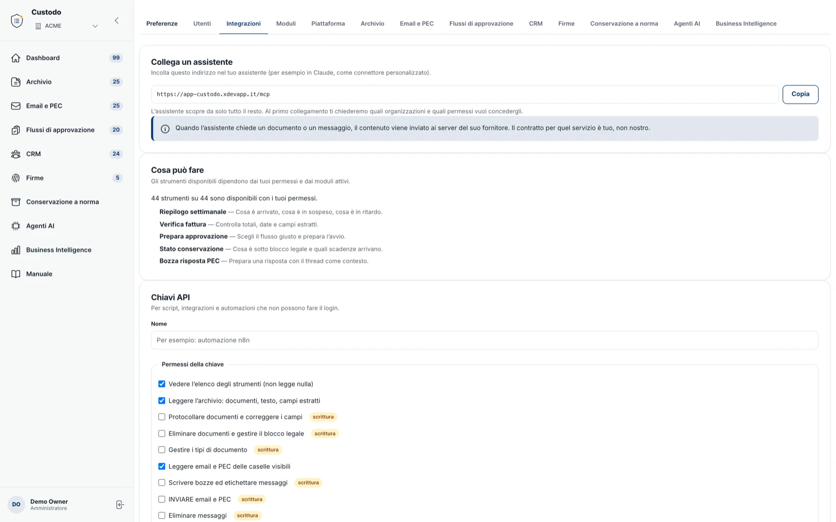 Le impostazioni di integrazione: l'indirizzo MCP da incollare nell'assistente, gli strumenti disponibili con i permessi correnti, e il modulo per creare una chiave API con i permessi spuntati uno per uno.